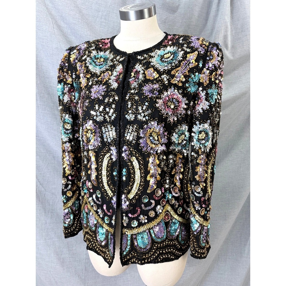 Laurence Kazar Vintage Beaded Sequin Silk Evening Jacket Black Multi Floral‎ M